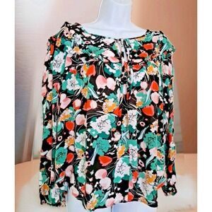 ANA Popover Top M Floral Print Keyhole Tie Neckline Balloon Sleeve Boho Peasant